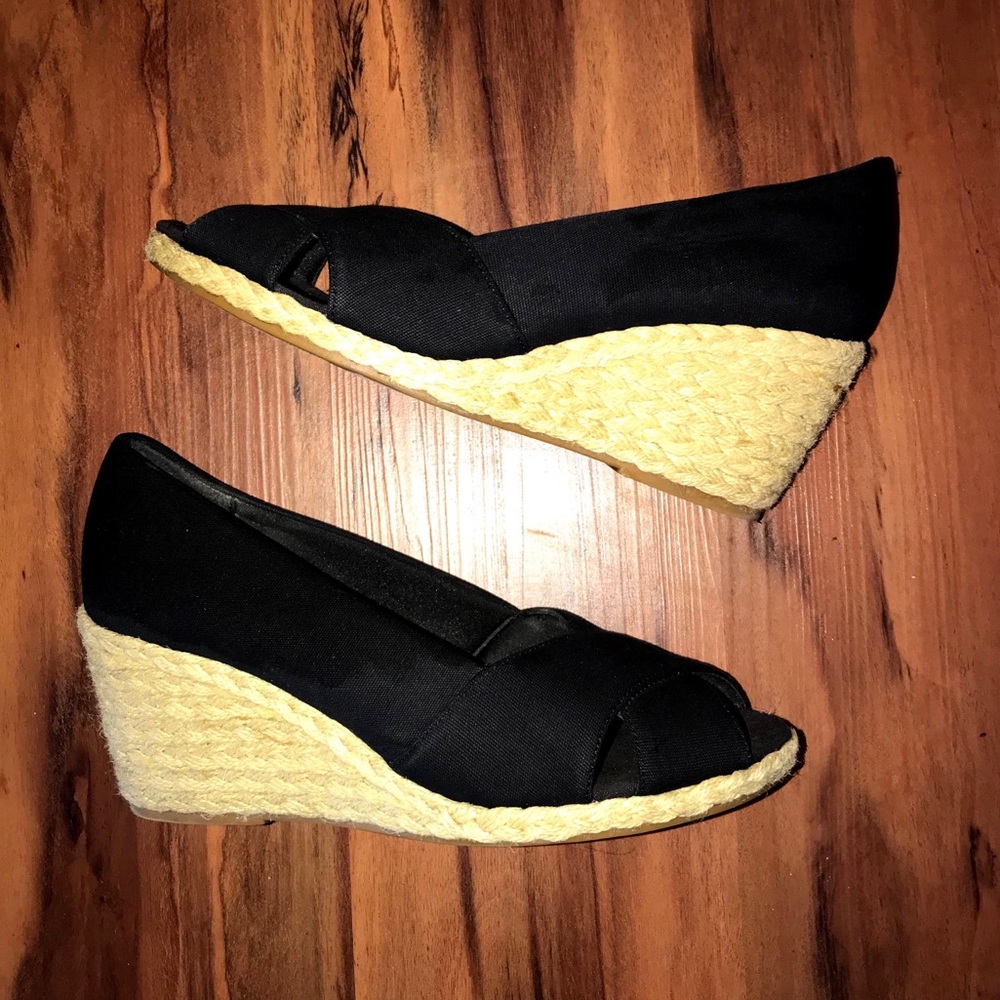 Chaps Black Peep-Toe Espadrille Wedges